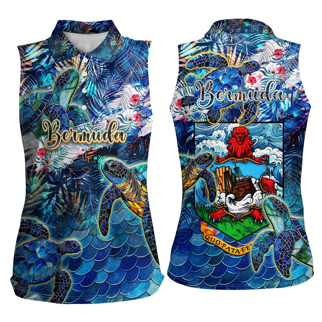 Bermuda Women Sleeveless Polo Shirt Sea Turtle Tropical Pattern - Wonder Print Shop