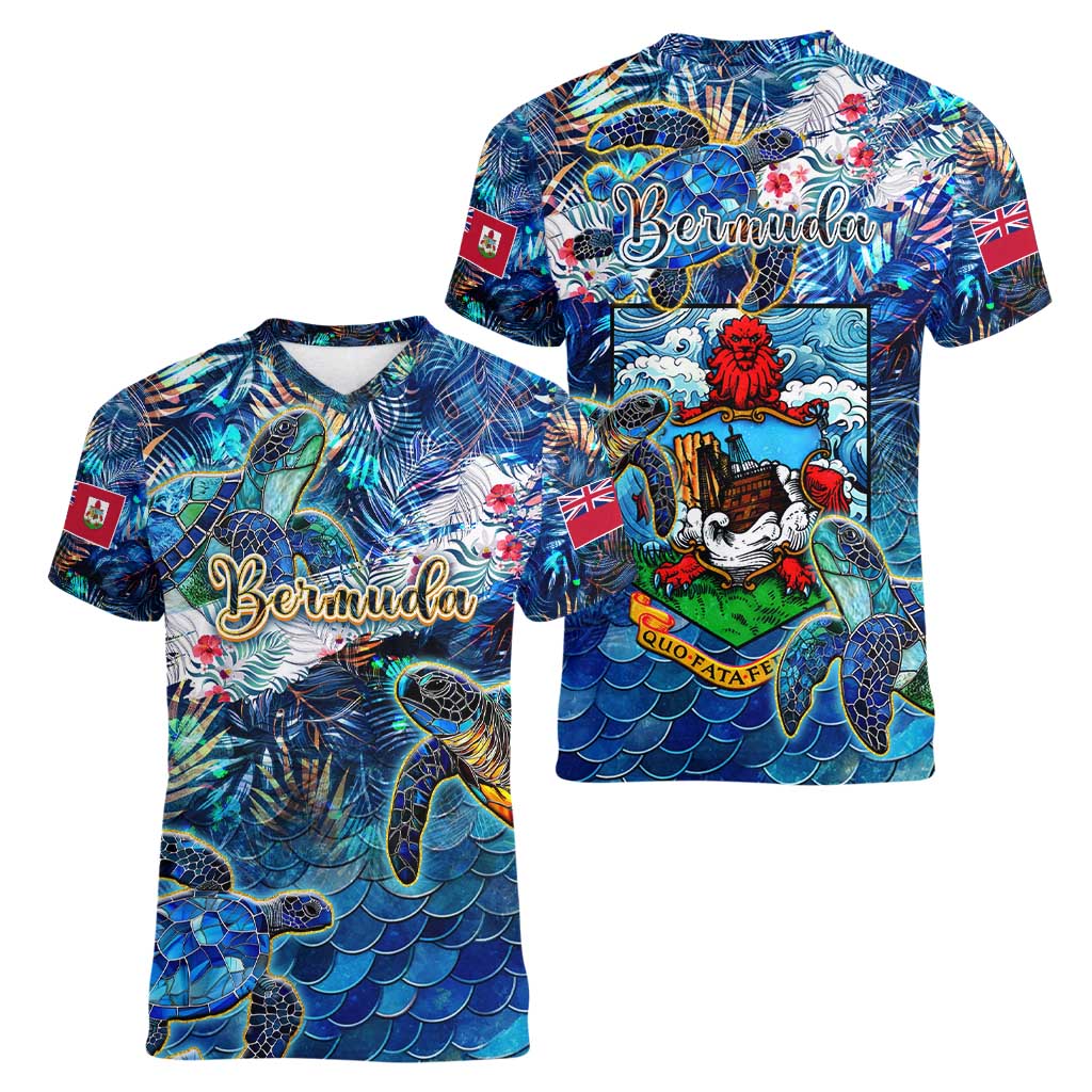 Bermuda Women V-Neck T-Shirt Sea Turtle Tropical Pattern - Wonder Print Shop