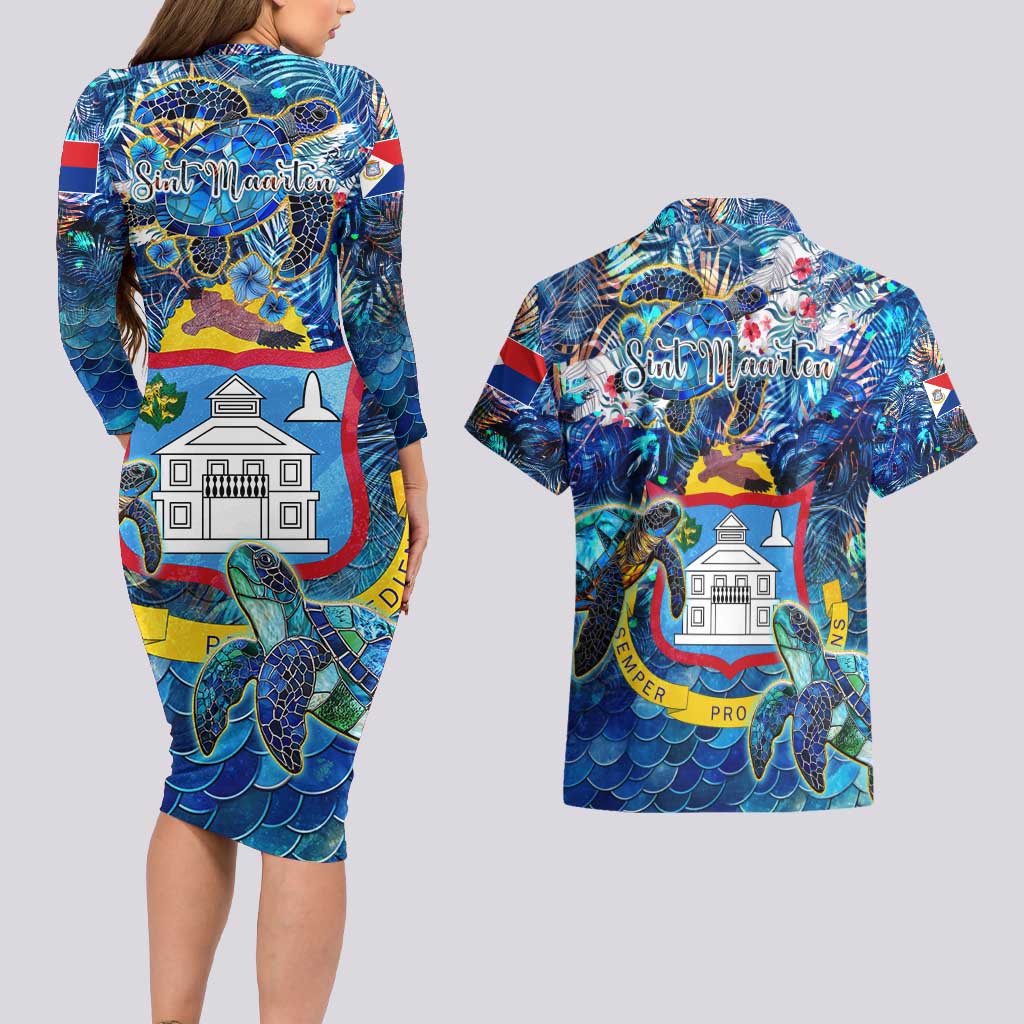 Sint Maarten Couples Matching Long Sleeve Bodycon Dress and Hawaiian Shirt Sea Turtle Tropical Pattern