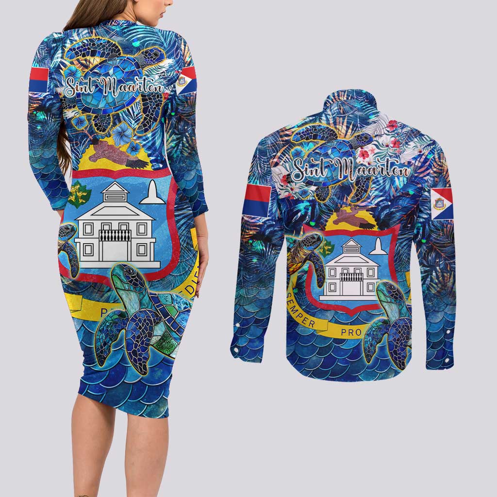 Sint Maarten Couples Matching Long Sleeve Bodycon Dress and Long Sleeve Button Shirt Sea Turtle Tropical Pattern
