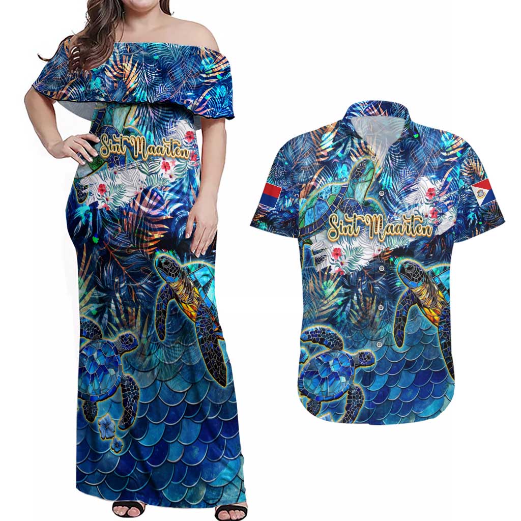 Sint Maarten Couples Matching Off Shoulder Maxi Dress and Hawaiian Shirt Sea Turtle Tropical Pattern