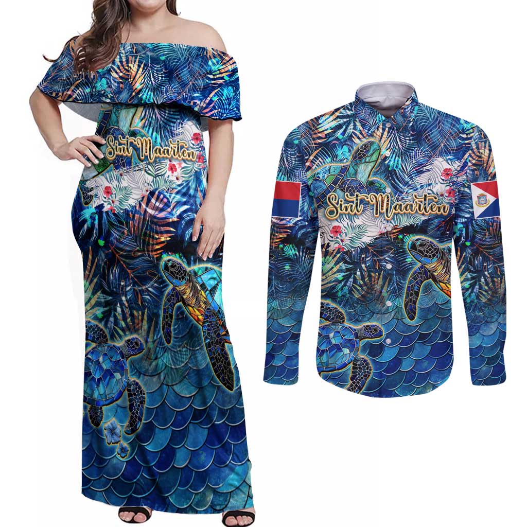 Sint Maarten Couples Matching Off Shoulder Maxi Dress and Long Sleeve Button Shirt Sea Turtle Tropical Pattern