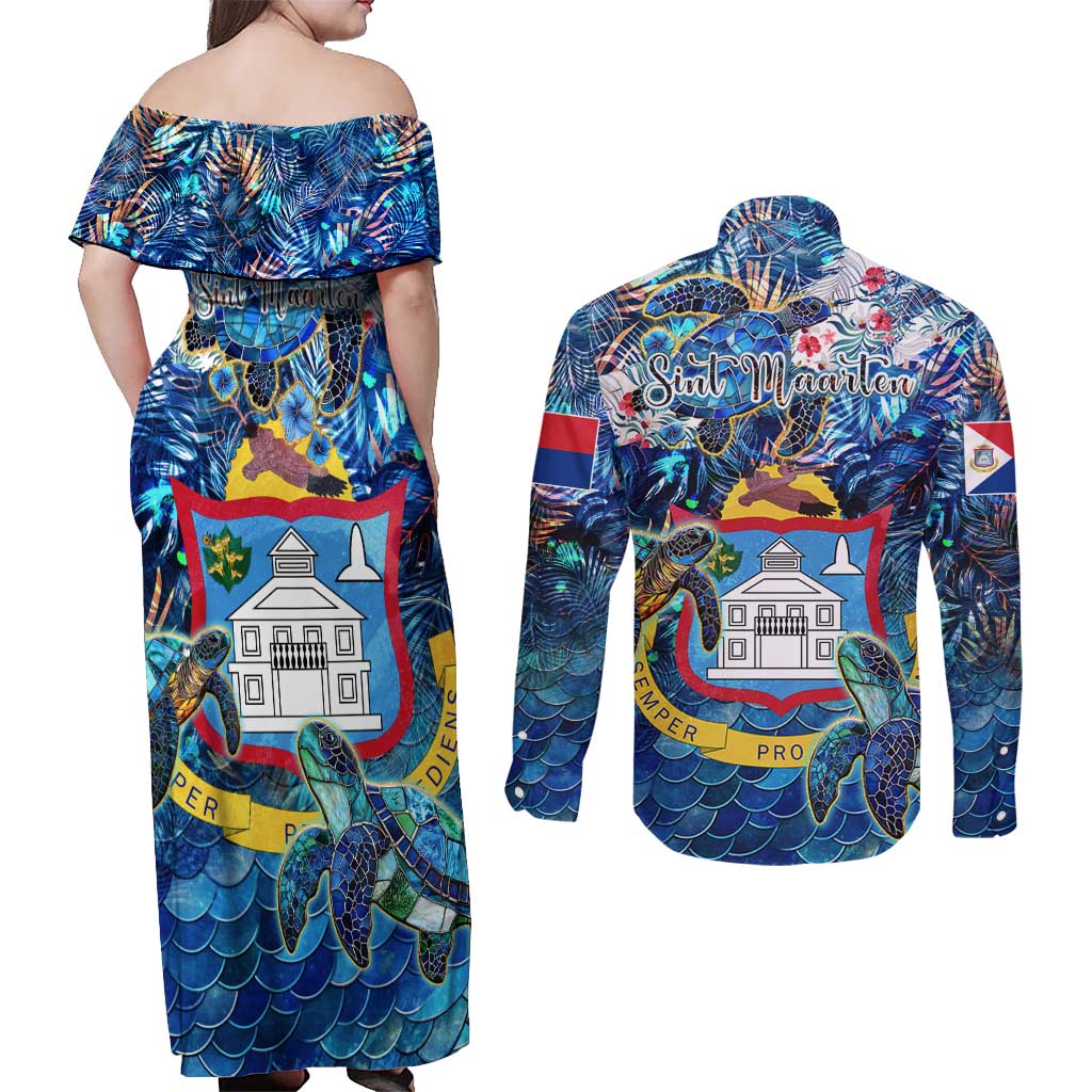 Sint Maarten Couples Matching Off Shoulder Maxi Dress and Long Sleeve Button Shirt Sea Turtle Tropical Pattern