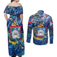 Sint Maarten Couples Matching Off Shoulder Maxi Dress and Long Sleeve Button Shirt Sea Turtle Tropical Pattern