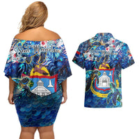 Sint Maarten Couples Matching Off Shoulder Short Dress and Hawaiian Shirt Sea Turtle Tropical Pattern