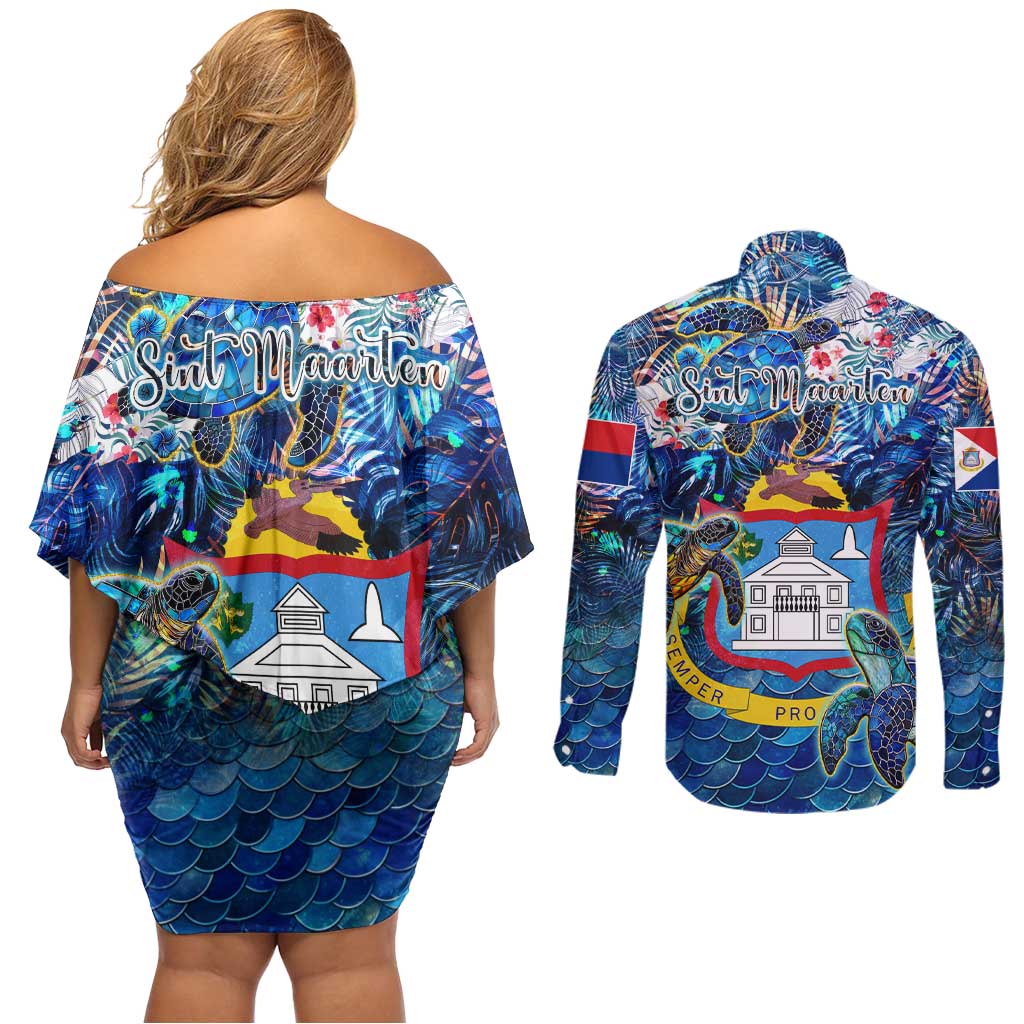 Sint Maarten Couples Matching Off Shoulder Short Dress and Long Sleeve Button Shirt Sea Turtle Tropical Pattern