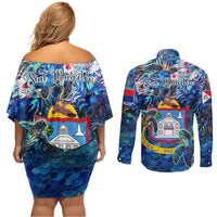 Sint Maarten Couples Matching Off Shoulder Short Dress and Long Sleeve Button Shirt Sea Turtle Tropical Pattern