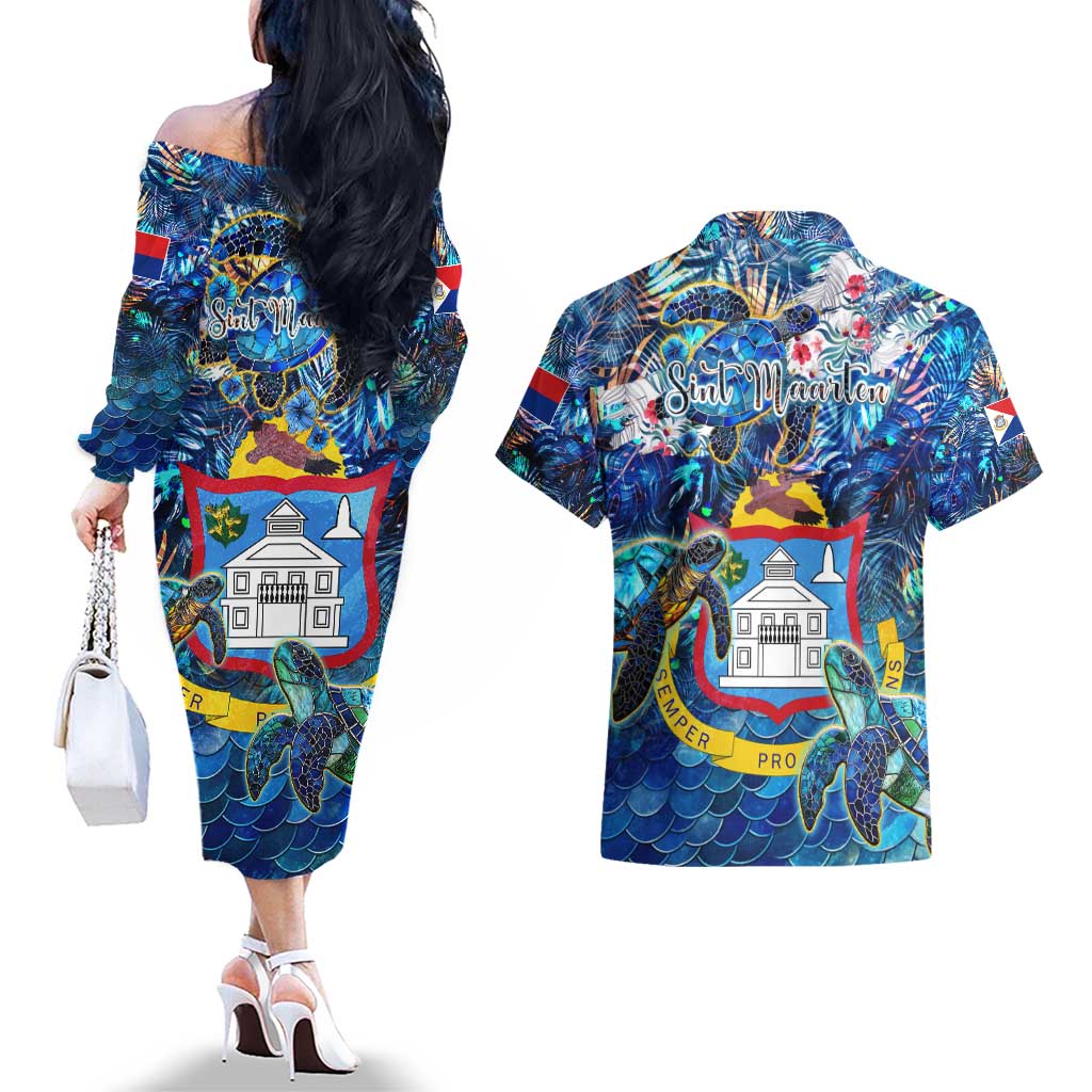 Sint Maarten Couples Matching Off The Shoulder Long Sleeve Dress and Hawaiian Shirt Sea Turtle Tropical Pattern