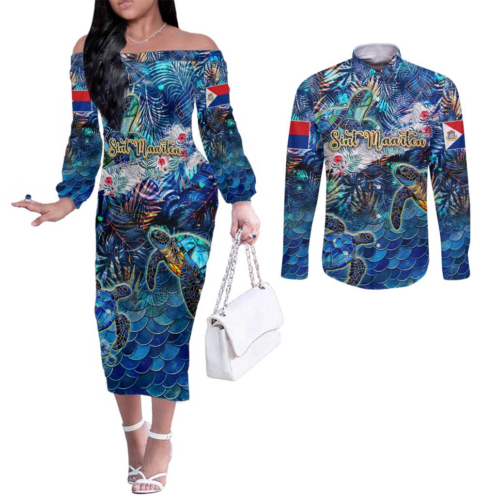 Sint Maarten Couples Matching Off The Shoulder Long Sleeve Dress and Long Sleeve Button Shirt Sea Turtle Tropical Pattern