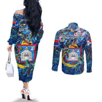 Sint Maarten Couples Matching Off The Shoulder Long Sleeve Dress and Long Sleeve Button Shirt Sea Turtle Tropical Pattern