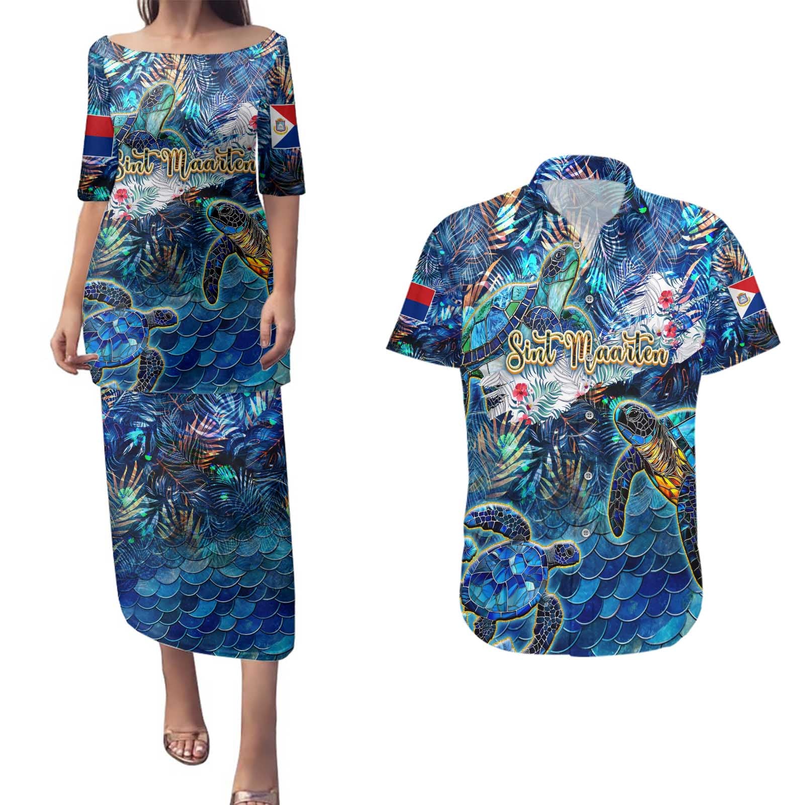 Sint Maarten Couples Matching Puletasi and Hawaiian Shirt Sea Turtle Tropical Pattern