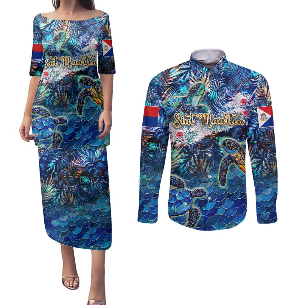Sint Maarten Couples Matching Puletasi and Long Sleeve Button Shirt Sea Turtle Tropical Pattern