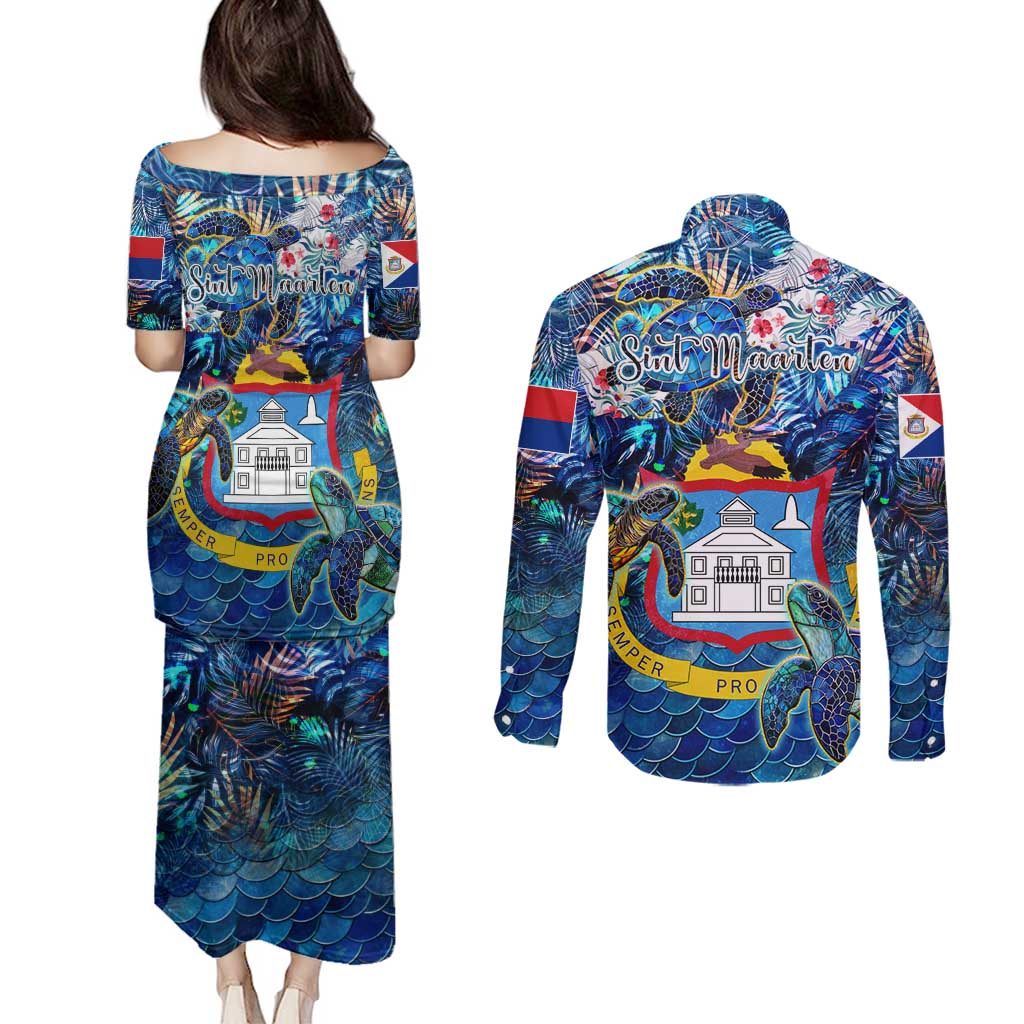 Sint Maarten Couples Matching Puletasi and Long Sleeve Button Shirt Sea Turtle Tropical Pattern