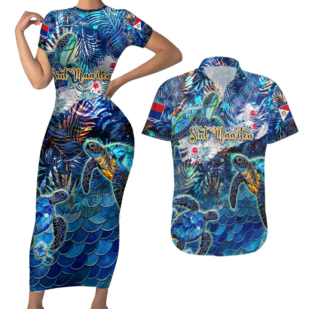 Sint Maarten Couples Matching Short Sleeve Bodycon Dress and Hawaiian Shirt Sea Turtle Tropical Pattern