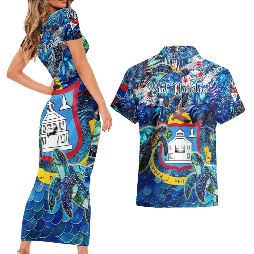 Sint Maarten Couples Matching Short Sleeve Bodycon Dress and Hawaiian Shirt Sea Turtle Tropical Pattern