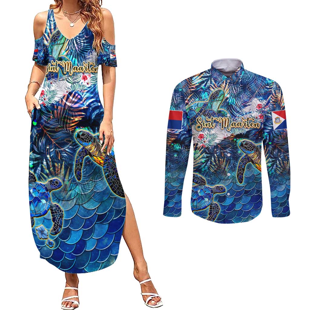 Sint Maarten Couples Matching Summer Maxi Dress and Long Sleeve Button Shirt Sea Turtle Tropical Pattern