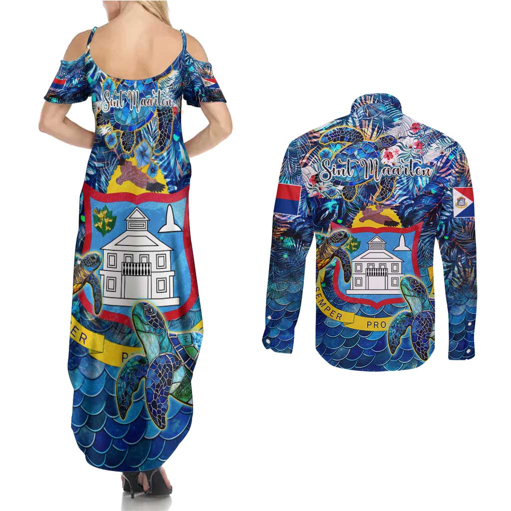 Sint Maarten Couples Matching Summer Maxi Dress and Long Sleeve Button Shirt Sea Turtle Tropical Pattern