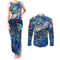Sint Maarten Couples Matching Tank Maxi Dress and Long Sleeve Button Shirt Sea Turtle Tropical Pattern