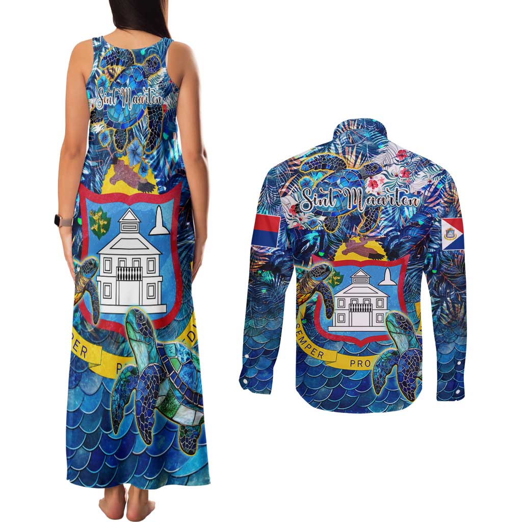 Sint Maarten Couples Matching Tank Maxi Dress and Long Sleeve Button Shirt Sea Turtle Tropical Pattern