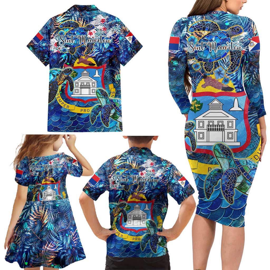 Sint Maarten Family Matching Long Sleeve Bodycon Dress and Hawaiian Shirt Sea Turtle Tropical Pattern