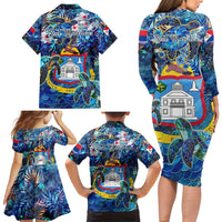 Sint Maarten Family Matching Long Sleeve Bodycon Dress and Hawaiian Shirt Sea Turtle Tropical Pattern
