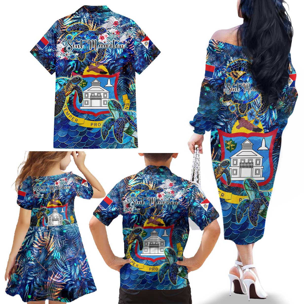 Sint Maarten Family Matching Off The Shoulder Long Sleeve Dress and Hawaiian Shirt Sea Turtle Tropical Pattern