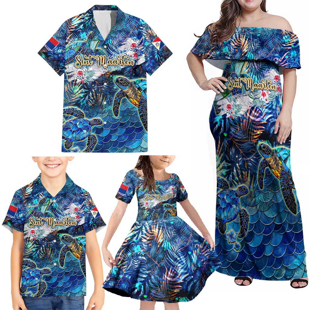 Sint Maarten Family Matching Off Shoulder Maxi Dress and Hawaiian Shirt Sea Turtle Tropical Pattern