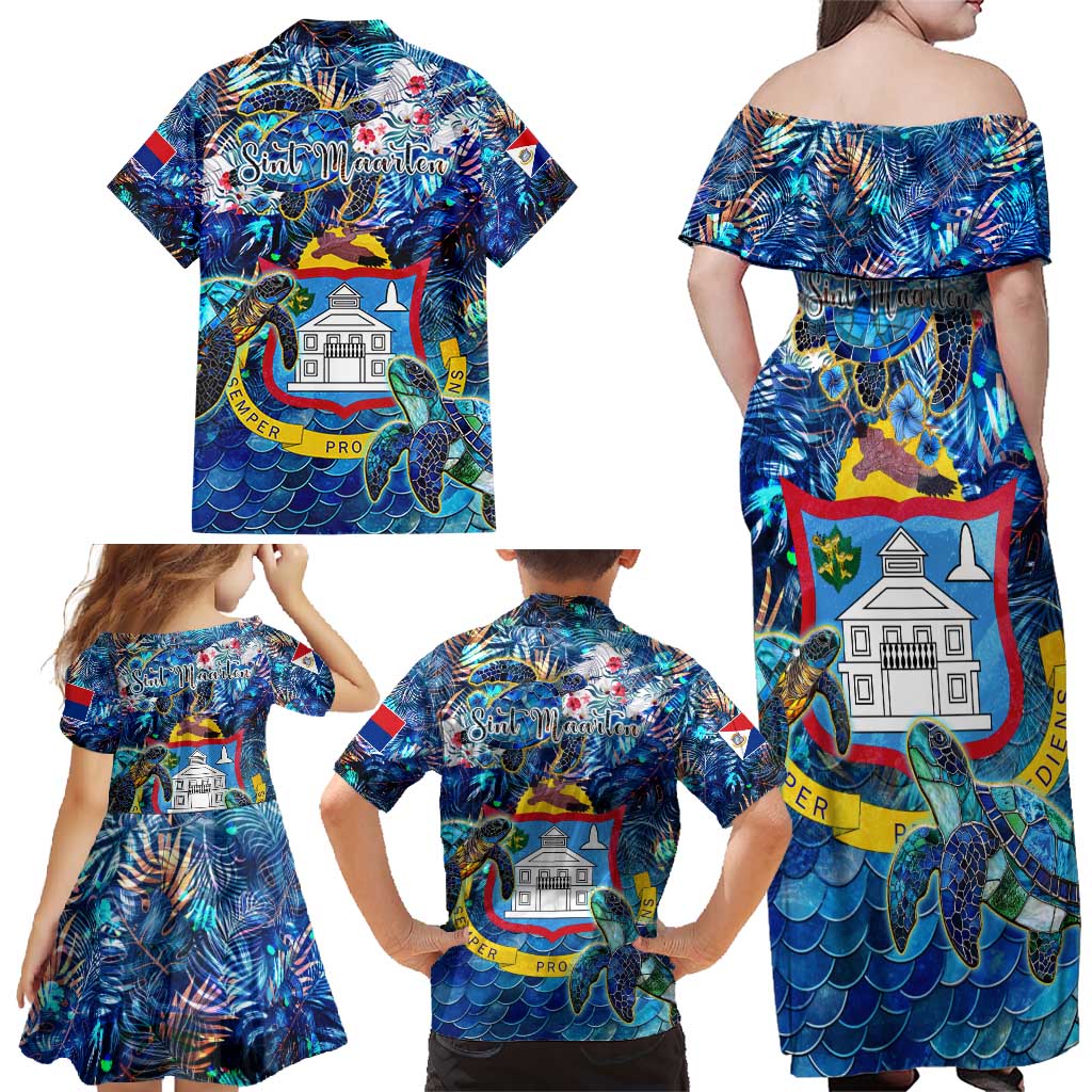 Sint Maarten Family Matching Off Shoulder Maxi Dress and Hawaiian Shirt Sea Turtle Tropical Pattern