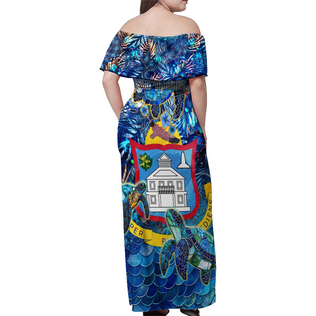 Sint Maarten Family Matching Off Shoulder Maxi Dress and Hawaiian Shirt Sea Turtle Tropical Pattern