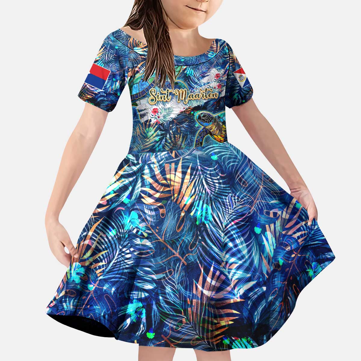 Sint Maarten Kid Short Sleeve Dress Sea Turtle Tropical Pattern - Wonder Print Shop