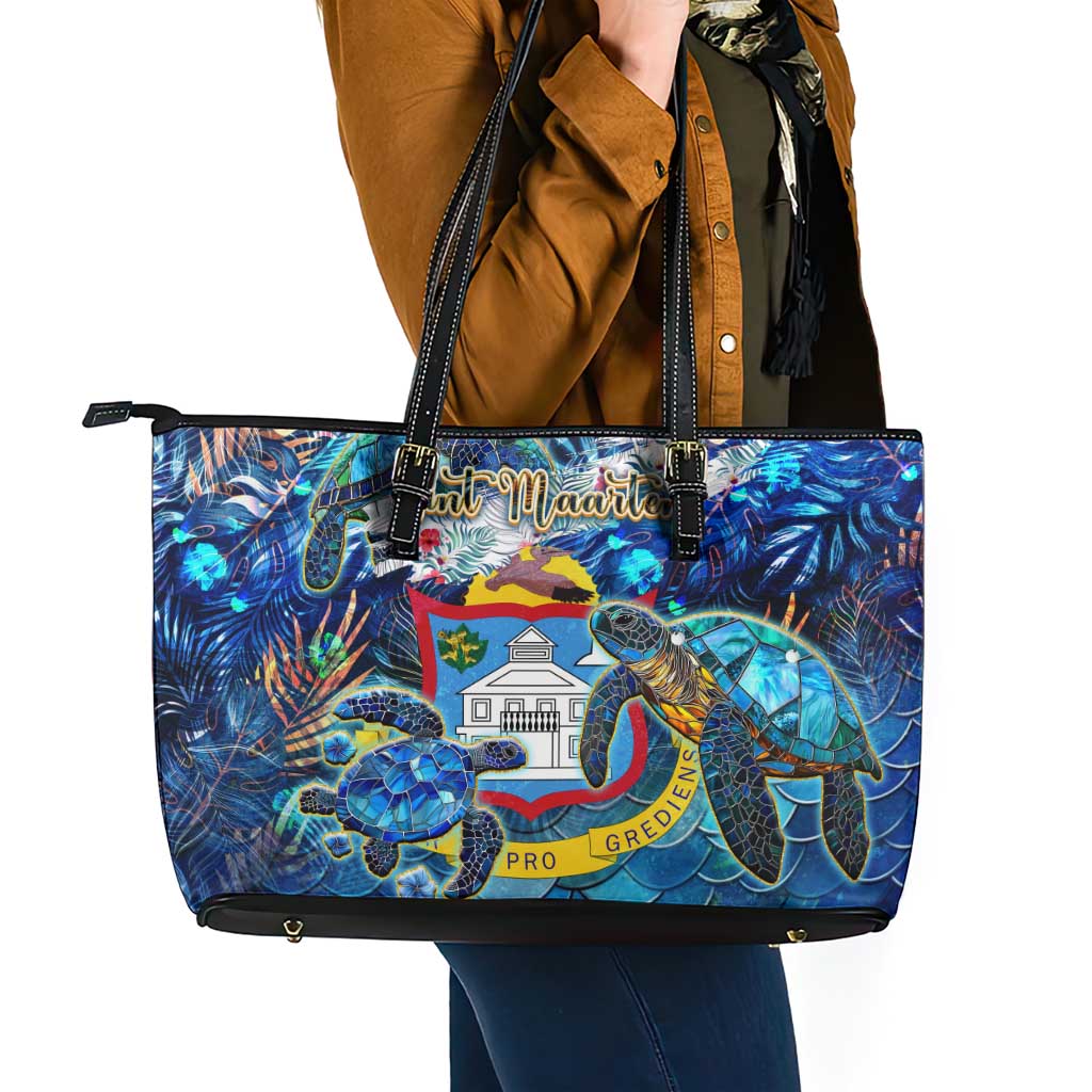 Sint Maarten Leather Tote Bag Sea Turtle Tropical Pattern