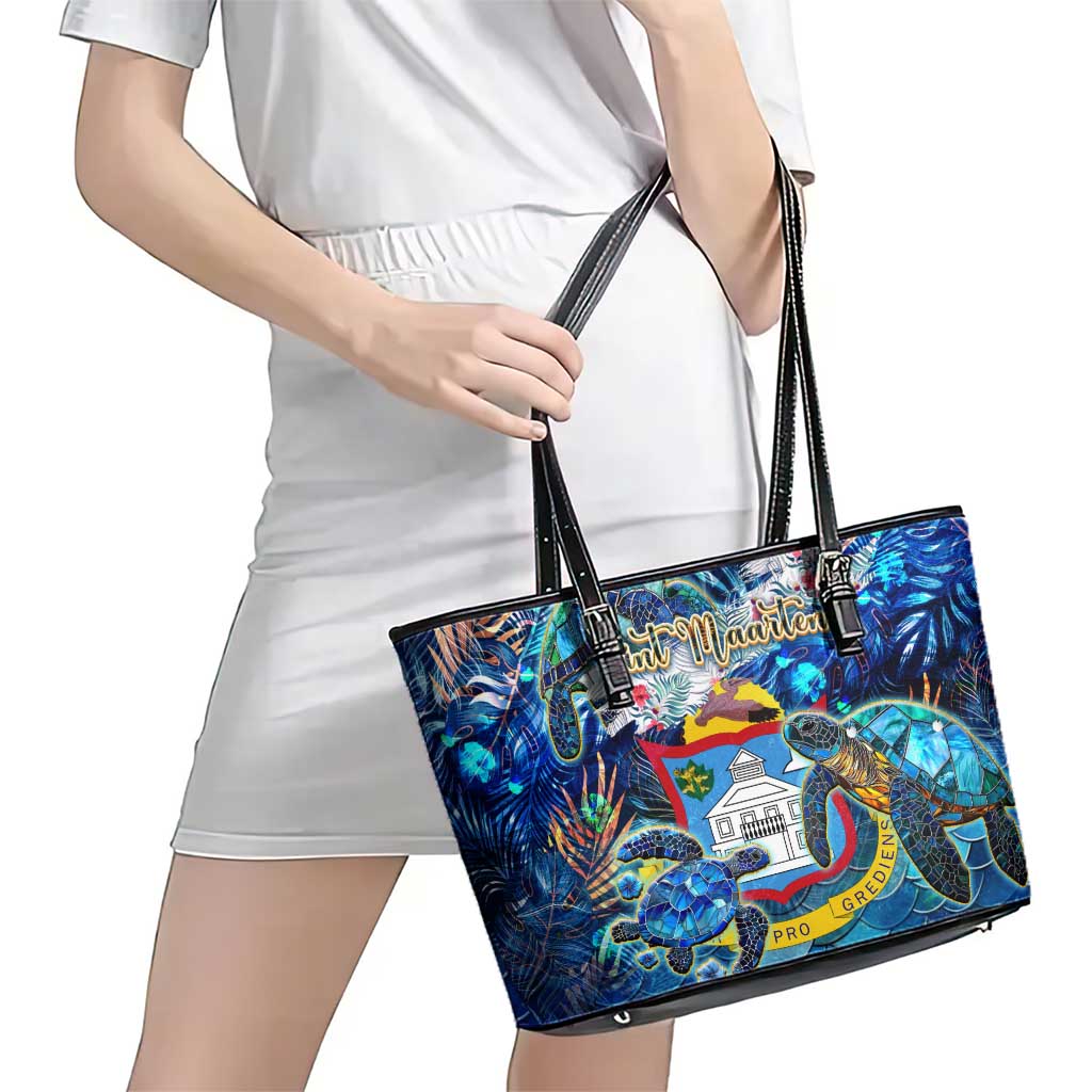 Sint Maarten Leather Tote Bag Sea Turtle Tropical Pattern