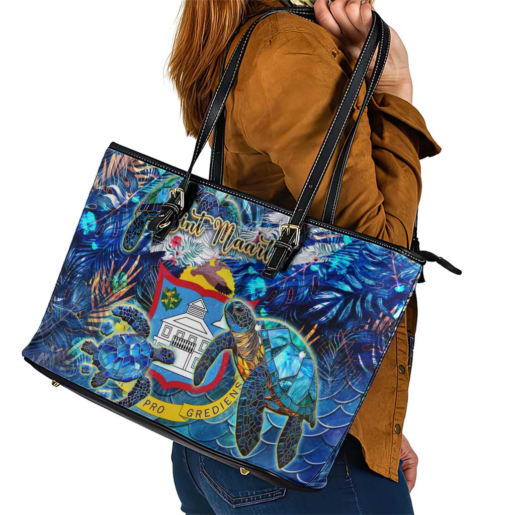 Sint Maarten Leather Tote Bag Sea Turtle Tropical Pattern