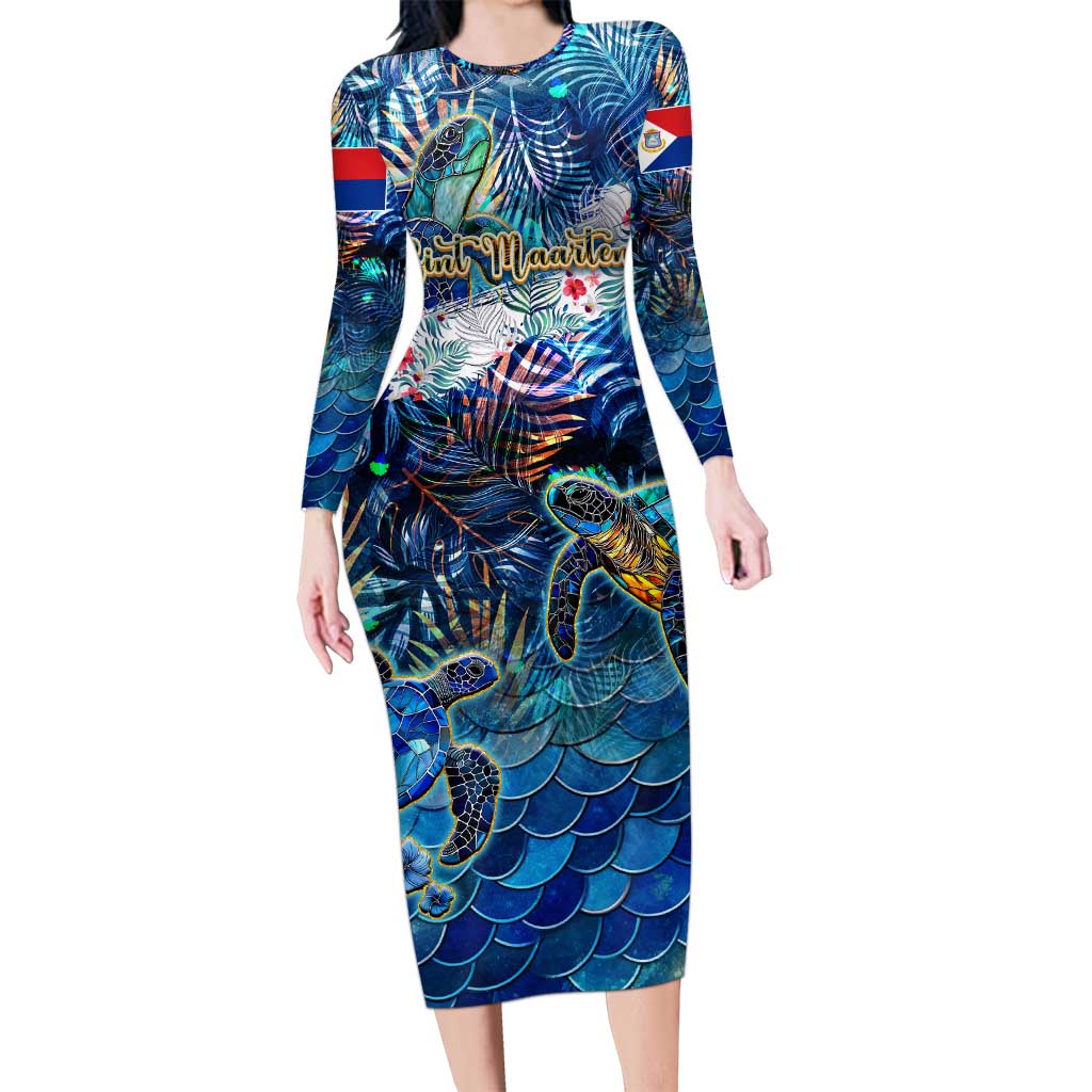 Sint Maarten Long Sleeve Bodycon Dress Sea Turtle Tropical Pattern - Wonder Print Shop