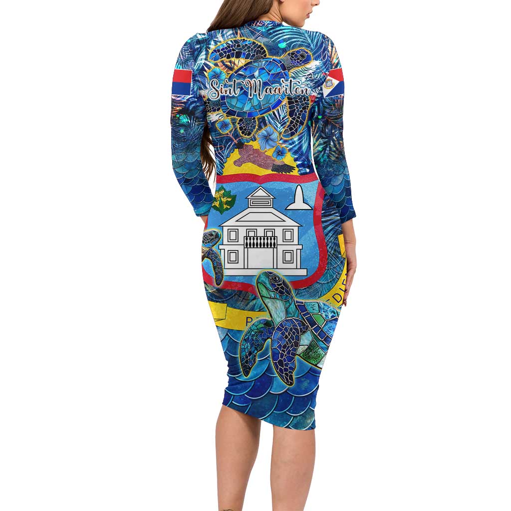 Sint Maarten Long Sleeve Bodycon Dress Sea Turtle Tropical Pattern - Wonder Print Shop