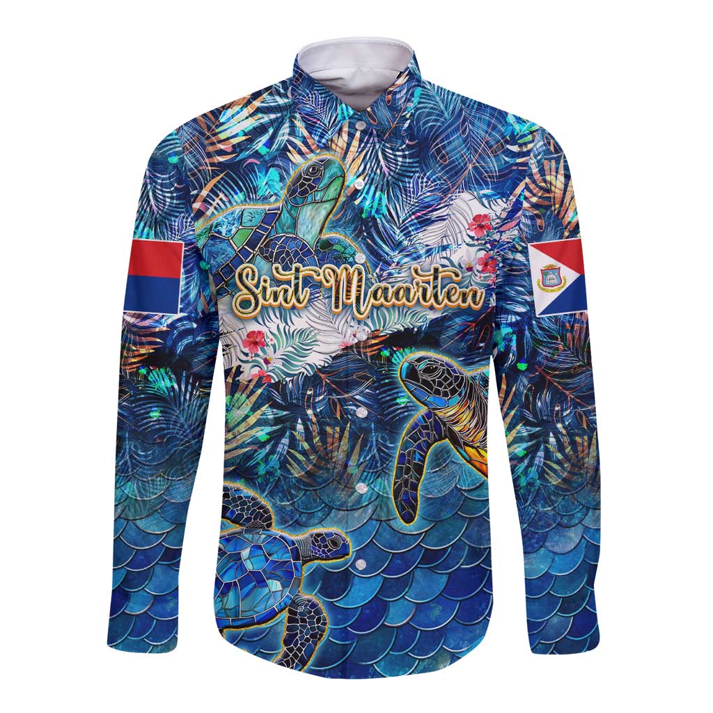 Sint Maarten Long Sleeve Button Shirt Sea Turtle Tropical Pattern