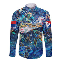Sint Maarten Long Sleeve Button Shirt Sea Turtle Tropical Pattern