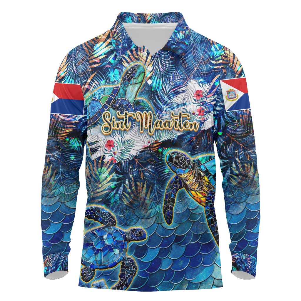 Sint Maarten Long Sleeve Polo Shirt Sea Turtle Tropical Pattern - Wonder Print Shop