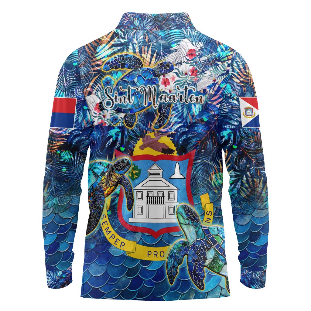 Sint Maarten Long Sleeve Polo Shirt Sea Turtle Tropical Pattern - Wonder Print Shop