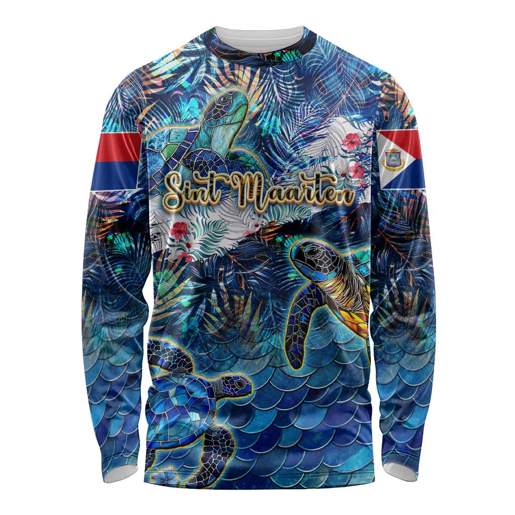 Sint Maarten Long Sleeve Shirt Sea Turtle Tropical Pattern - Wonder Print Shop