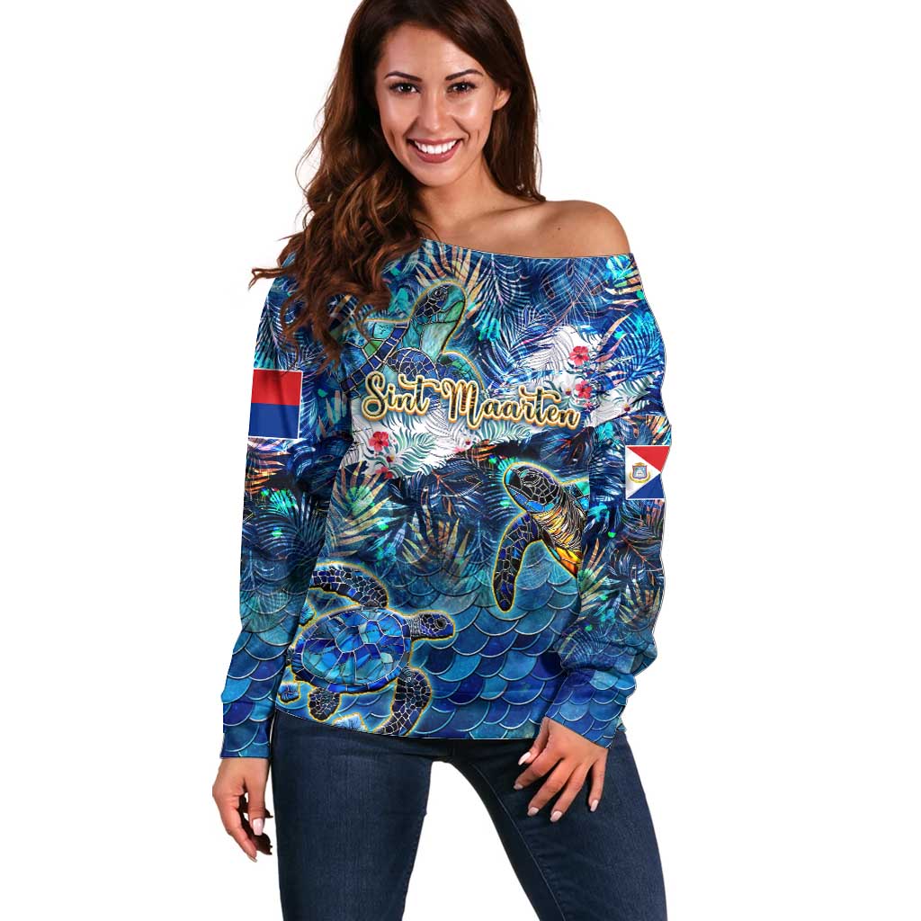 Sint Maarten Off Shoulder Sweater Sea Turtle Tropical Pattern - Wonder Print Shop