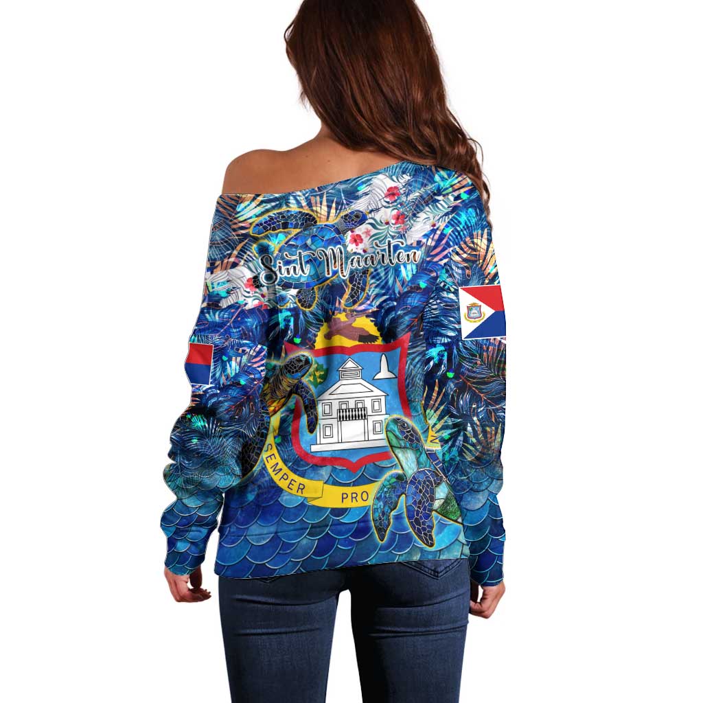Sint Maarten Off Shoulder Sweater Sea Turtle Tropical Pattern - Wonder Print Shop