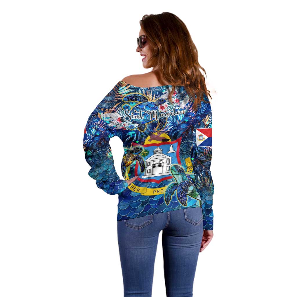Sint Maarten Off Shoulder Sweater Sea Turtle Tropical Pattern - Wonder Print Shop
