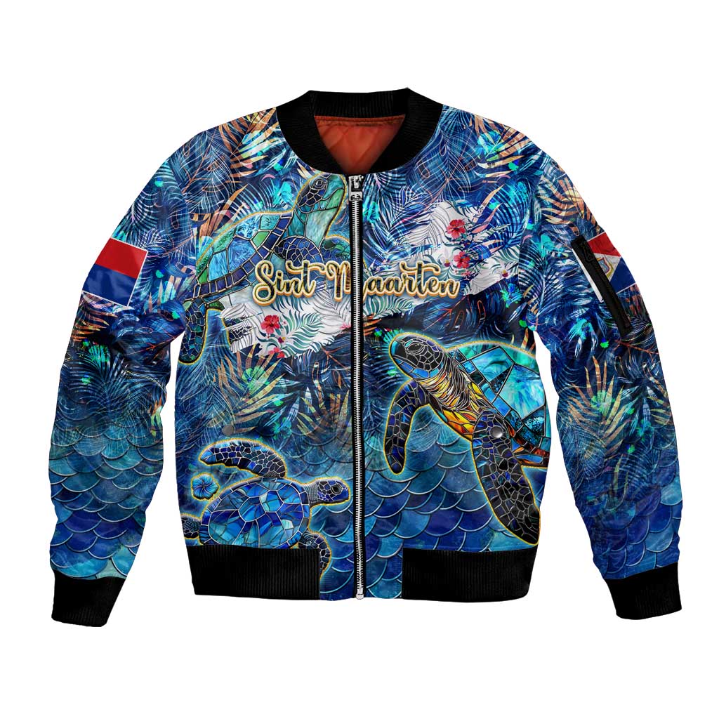 Sint Maarten Sleeve Zip Bomber Jacket Sea Turtle Tropical Pattern - Wonder Print Shop