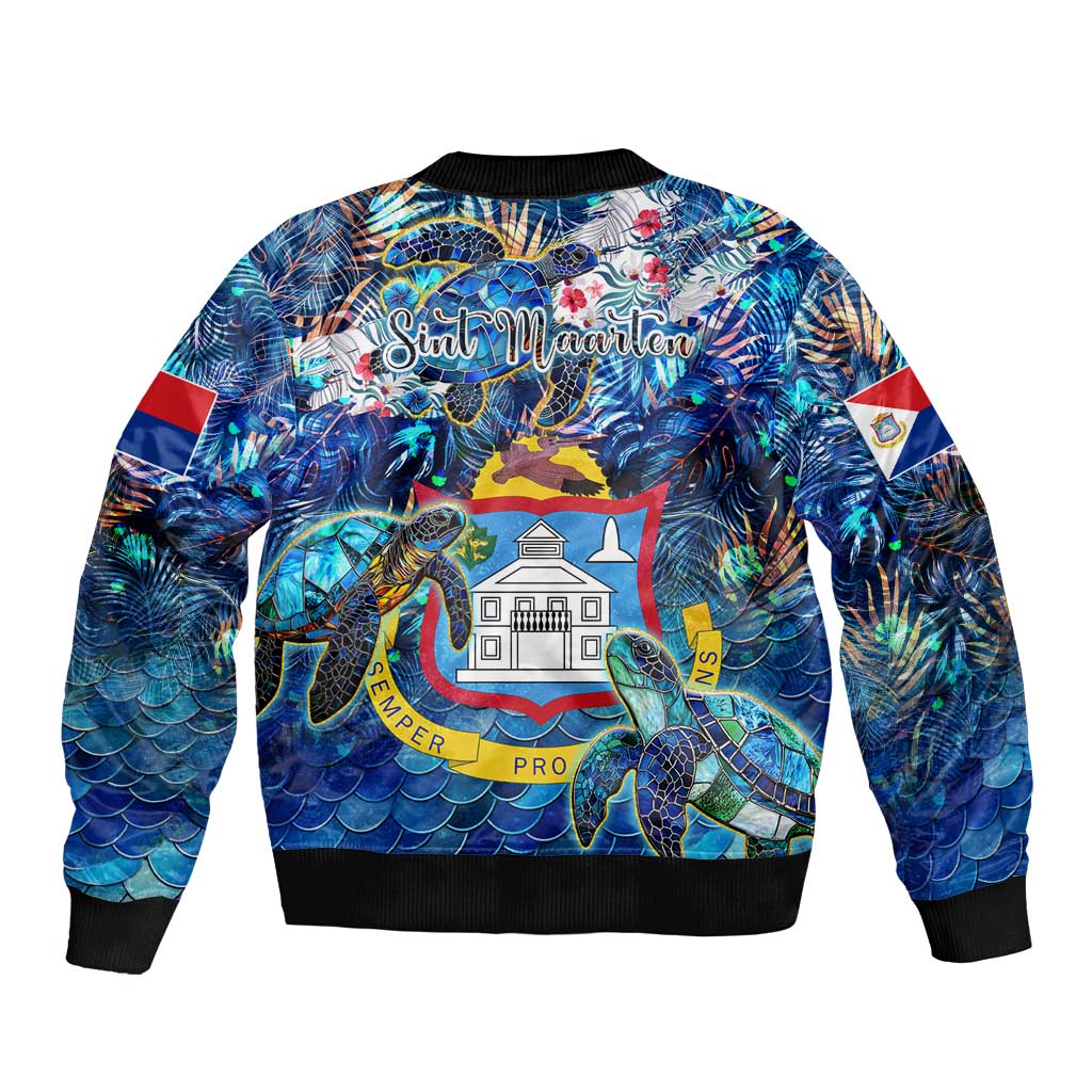 Sint Maarten Sleeve Zip Bomber Jacket Sea Turtle Tropical Pattern - Wonder Print Shop