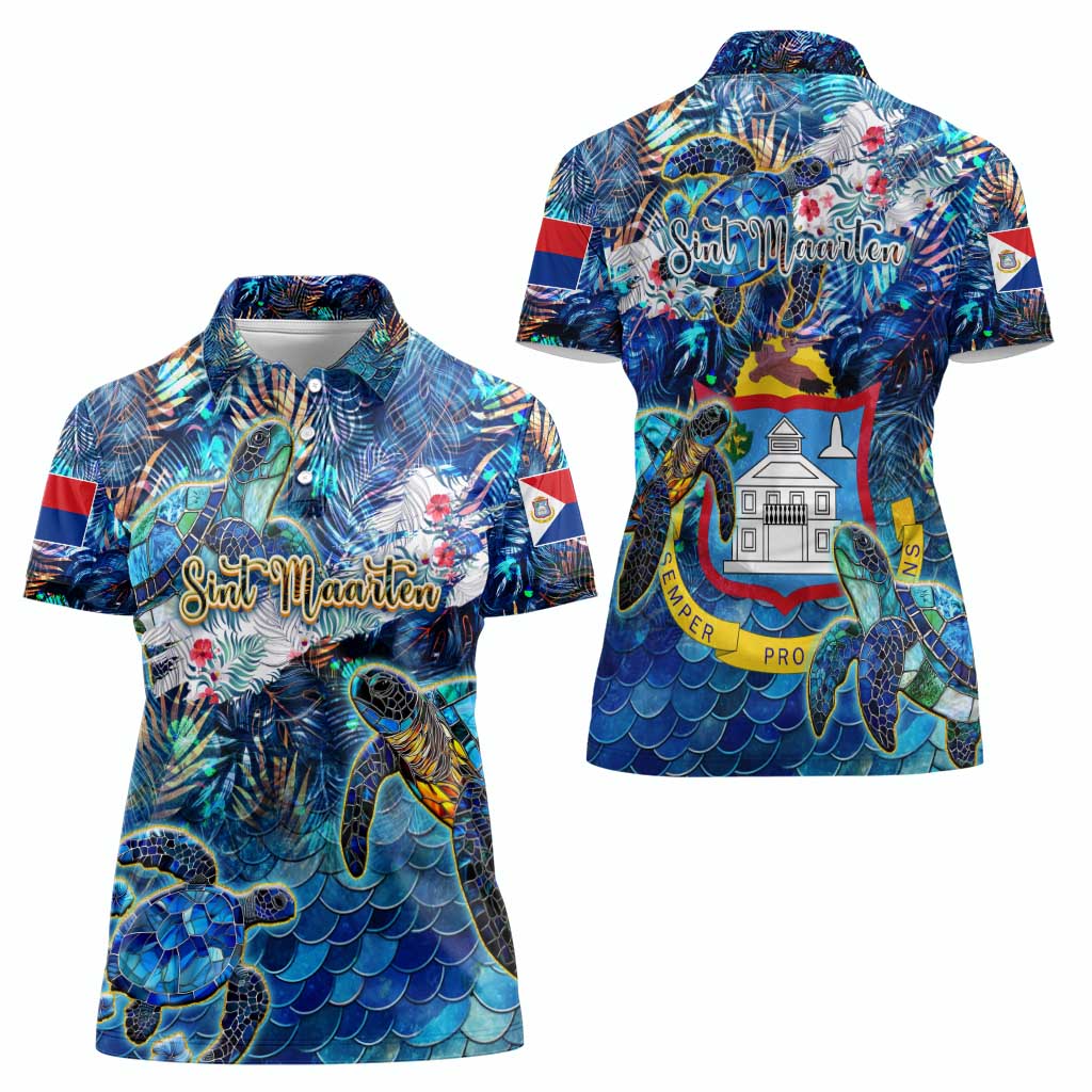 Sint Maarten Women Polo Shirt Sea Turtle Tropical Pattern - Wonder Print Shop