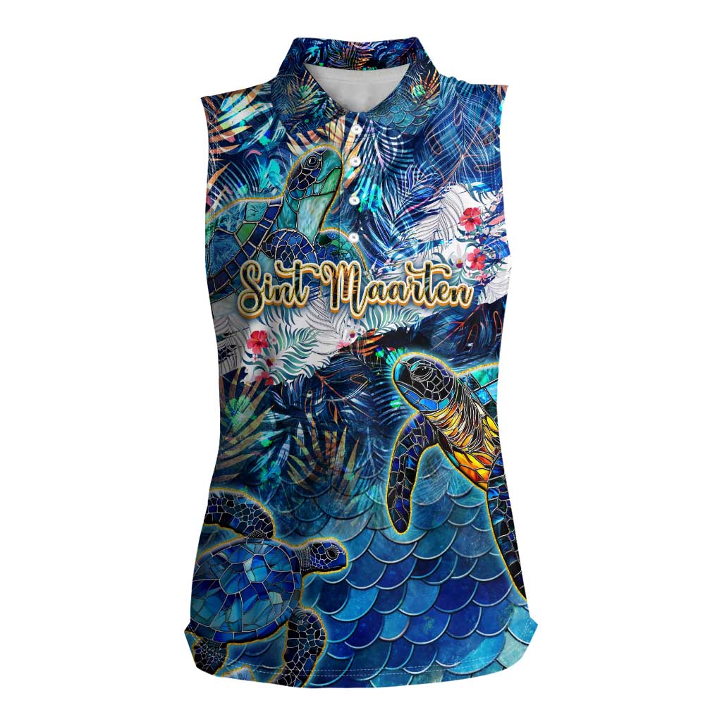 Sint Maarten Women Sleeveless Polo Shirt Sea Turtle Tropical Pattern - Wonder Print Shop