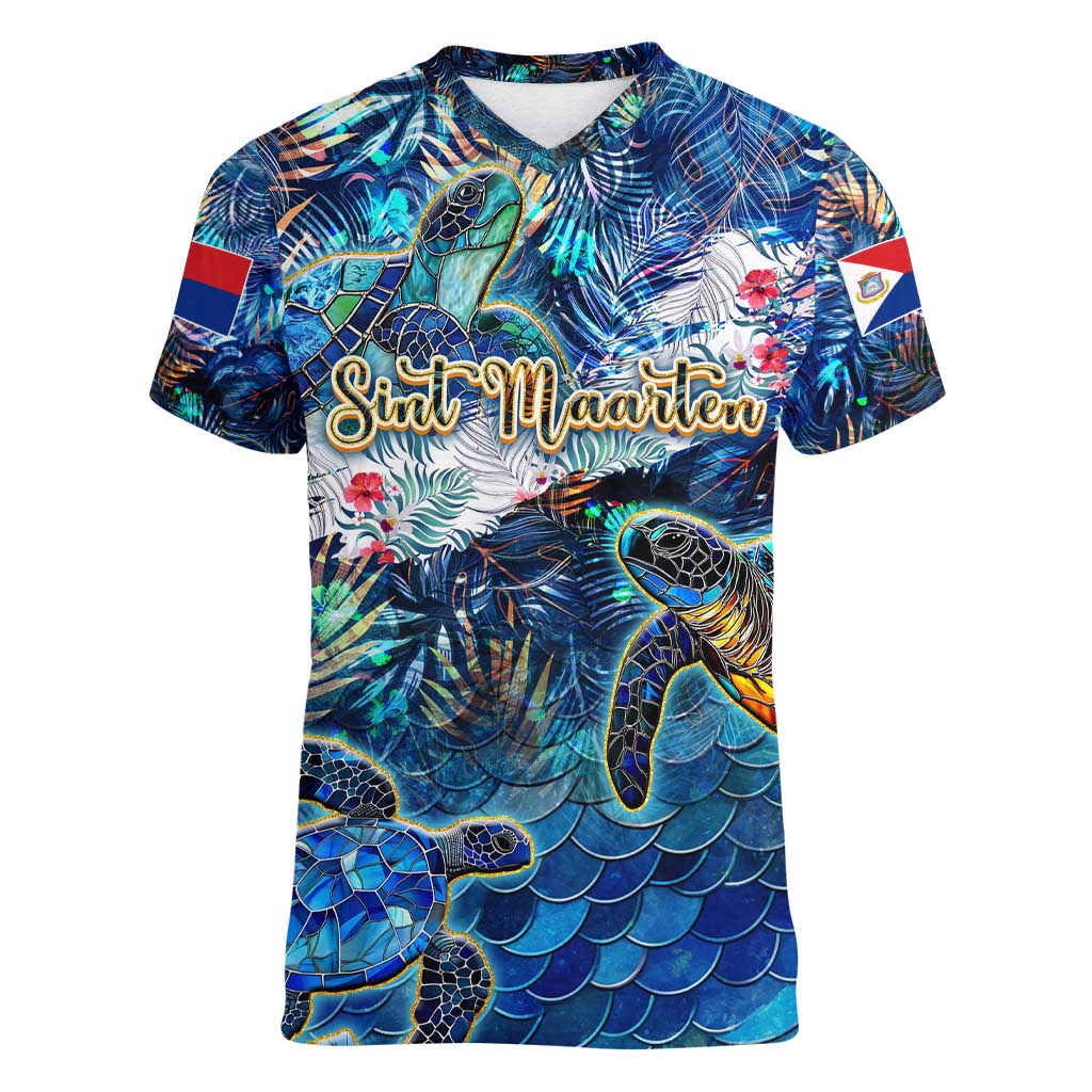 Sint Maarten Women V-Neck T-Shirt Sea Turtle Tropical Pattern - Wonder Print Shop