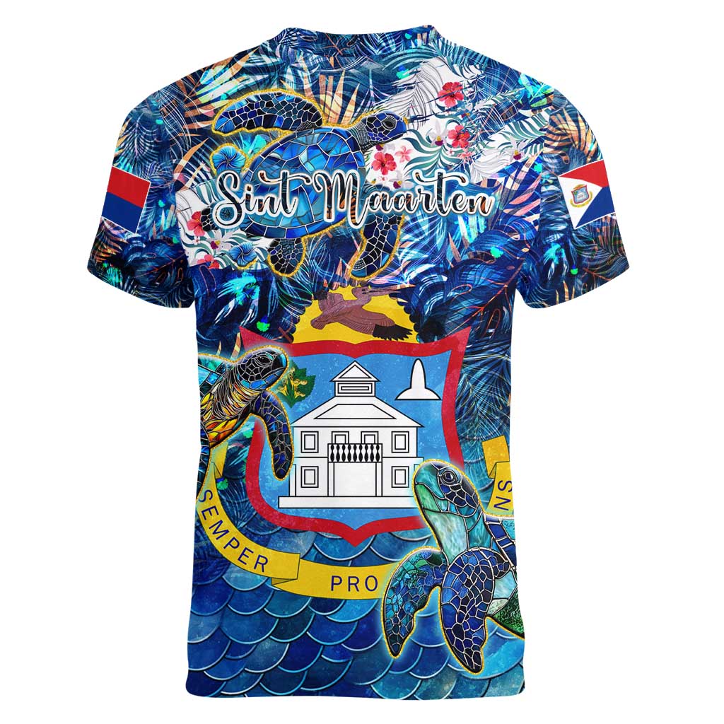 Sint Maarten Women V-Neck T-Shirt Sea Turtle Tropical Pattern - Wonder Print Shop