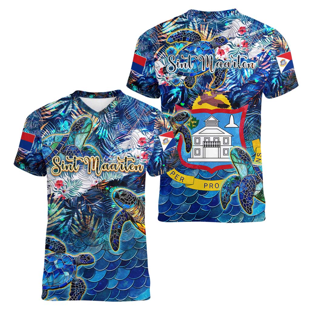 Sint Maarten Women V-Neck T-Shirt Sea Turtle Tropical Pattern - Wonder Print Shop